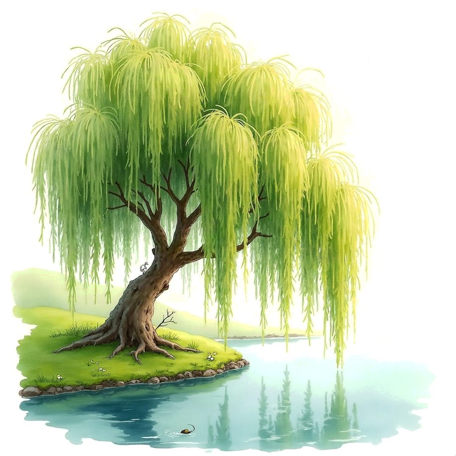 Watercolour of a weeping willow over a pond